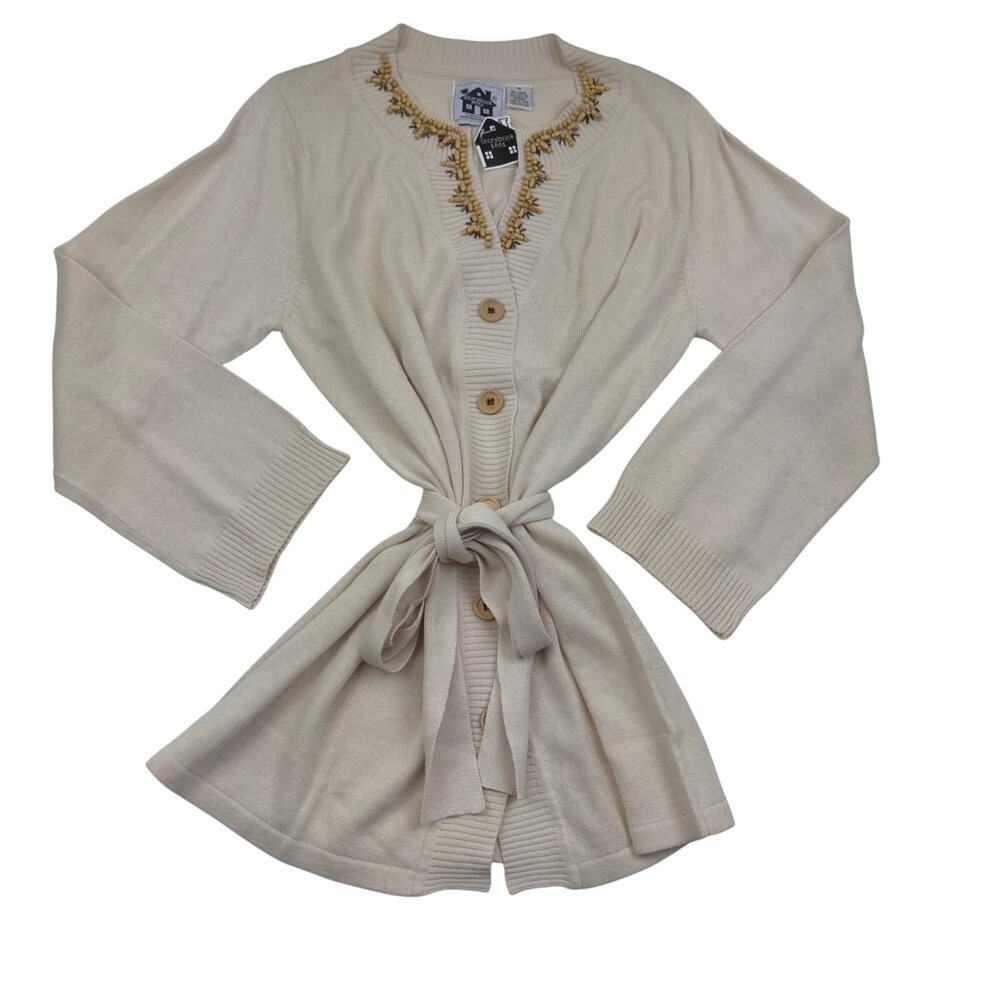 Storybook Knits Boho Wood Beaded Button Front Long Line Cardigan Women's 1X